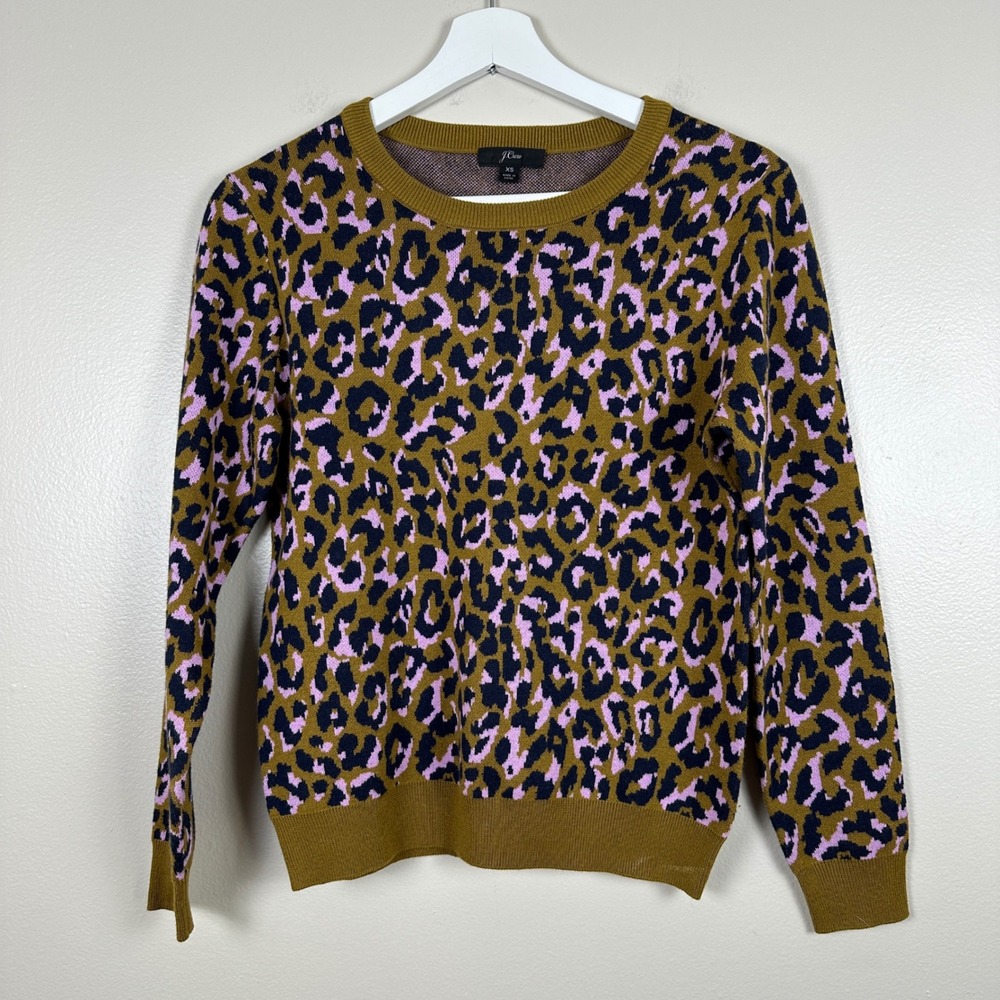 J.Crew Women's XS Sweater Mustard Pink Leopard Merino‎ Wool Blend Preppy